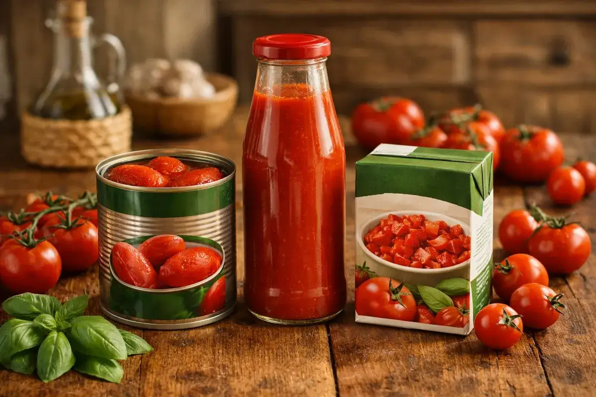 Czy passata pomidorowa jest lekkostrawna? Na stole świeże pomidory, puszka całych pomidorów, butelka passaty i kartonik z pomidorami w kostce.