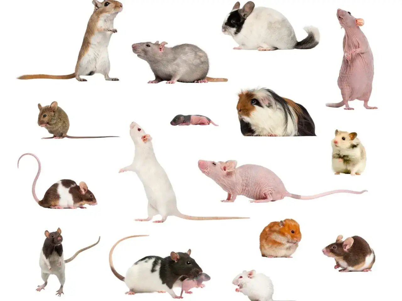 Kolekcja nietypowych gryzoni domowych: myszy, szczury, chomiki, świnki morskie i szynszyle.