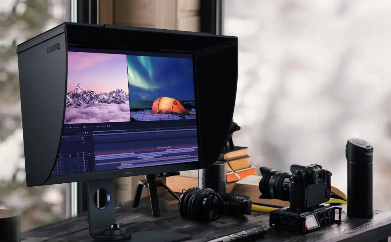 Monitor BenQ z osłoną, wyświetlający edycję wideo i krajobrazy. Obok aparat, słuchawki i książki. Idealne parametry monitora dla tw&oacute;rc&oacute;w.