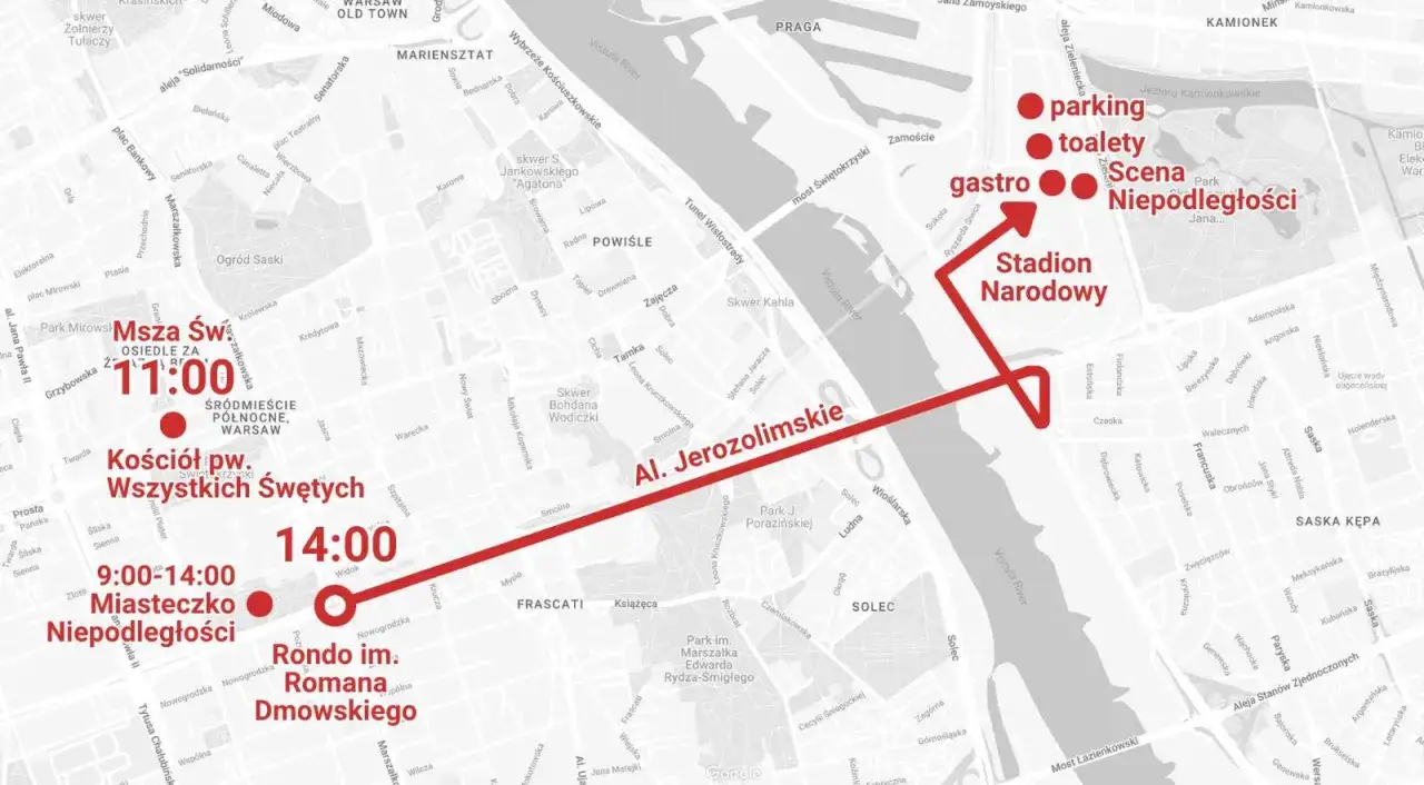 Mapa trasy Marszu Miliona Serc w Warszawie. Zaznaczone punkty: Stadion Narodowy, parking, toalety, gastro, scena, Miasteczko Niepodległości, Kościół pw. Wszystkich Świętych.