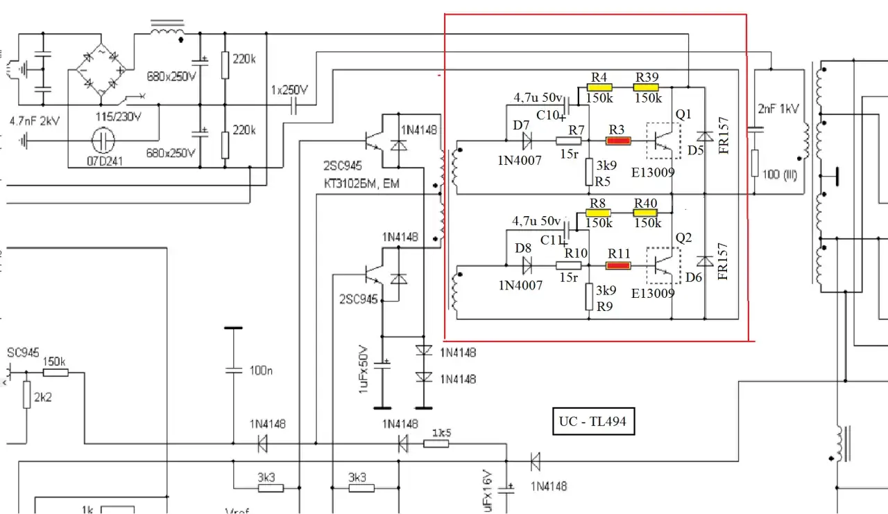 Schemat zasilacza LED z układem UC-TL494, tranzystorami E13009 i elementami sterującymi.