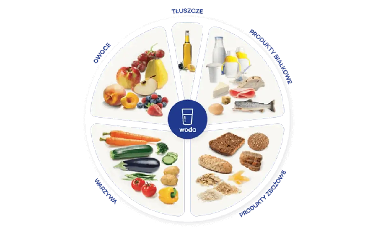 Talerz zdrowia dla rocznego dziecka: owoce, warzywa, produkty białkowe, zbożowe, tłuszcze i woda.