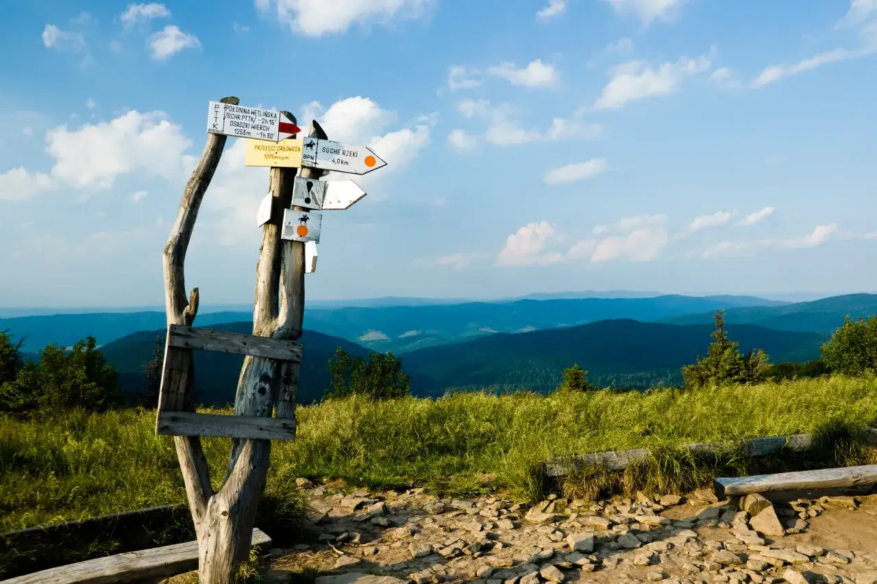 Gdzie w g&oacute;ry na maj&oacute;wkę? Znaki wskazują szlaki, a za nimi rozciągają się zielone wzg&oacute;rza i błękitne niebo.