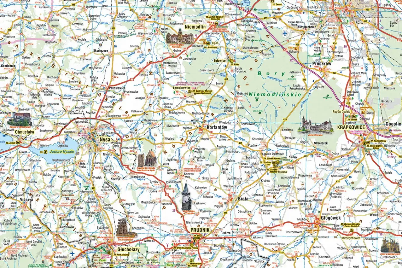 Mapa wojew&oacute;dztwa opolskiego z zaznaczonymi atrakcjami turystycznymi