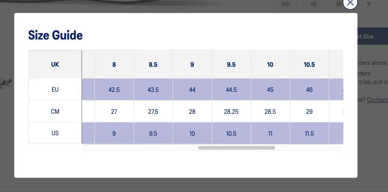Tabela rozmiar&oacute;w Hoka: UK 8 to EU 42.5, CM 27, US 9. Sprawdź swoją idealną rozmiar&oacute;wkę.