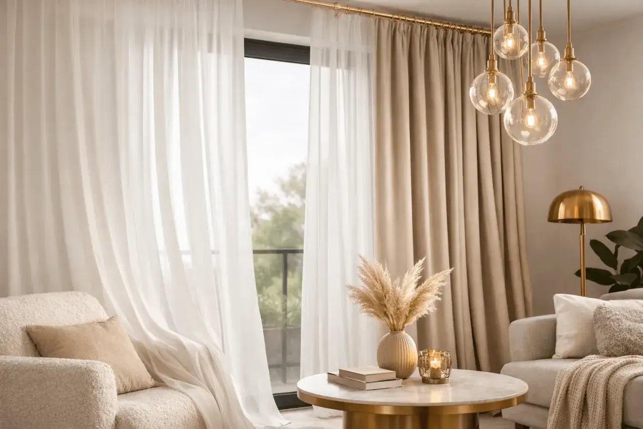 Przytulny salon w kolorze ecru, z jasnymi zasłonami, złotymi lampami i puszystymi meblami.