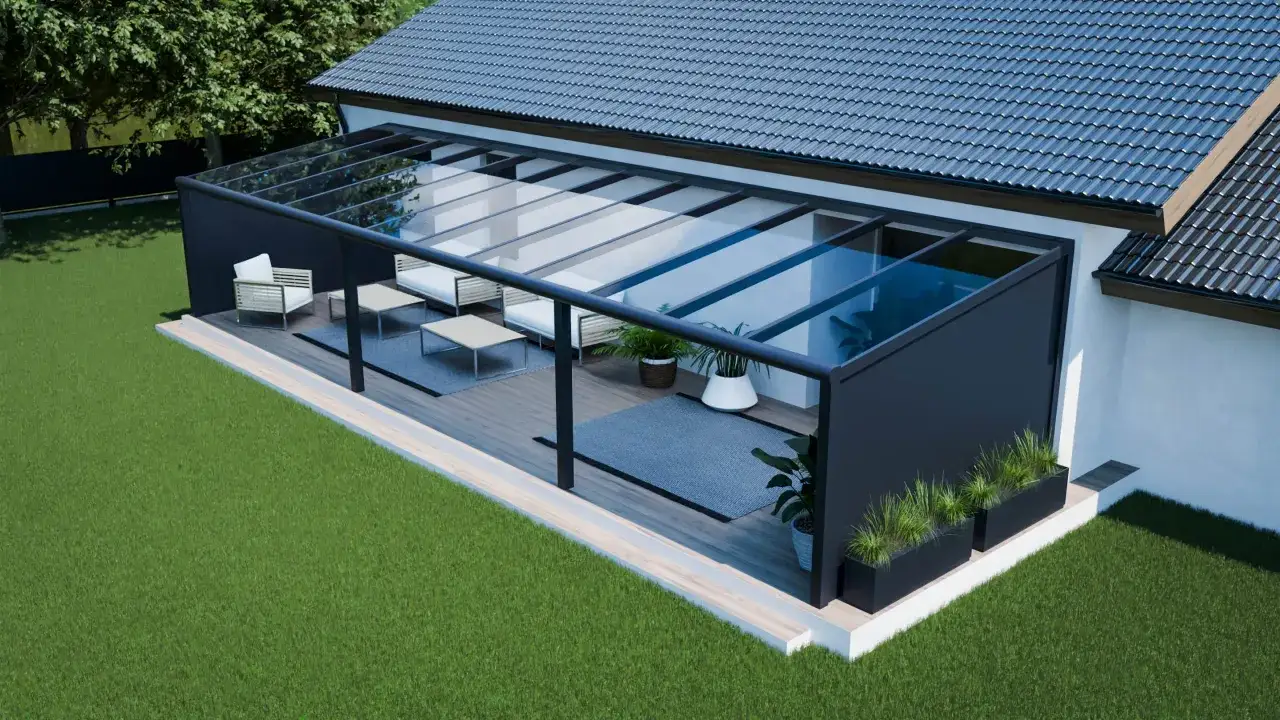 Nowoczesna wiata z przeszklonym dachem i czarnymi elementami, idealna do relaksu na tarasie. Solidne belki aluminiowe zapewniają trwałość.