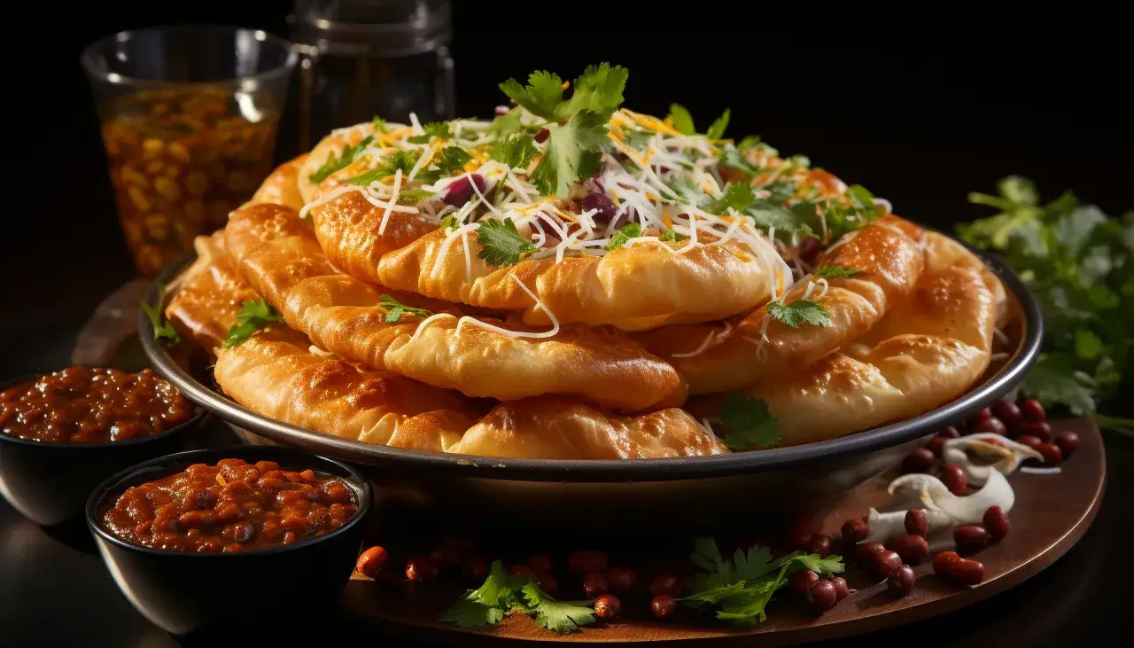 Pyszne placki z serem i ziołami, idealne do spróbowania, gdy zastanawiasz się, co zjeść w Budapeszcie. Podane z fasolką i sosem.