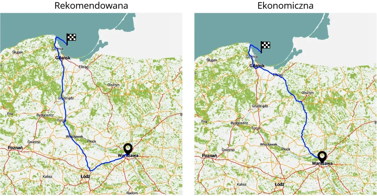 Mapa tras samochodowych Warszawa Kołobrzeg porównanie