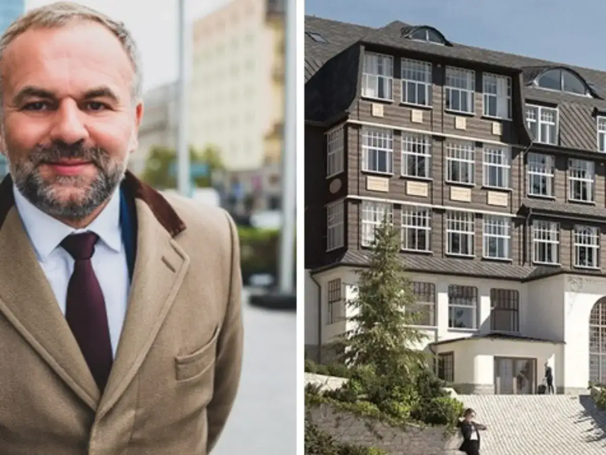 Mężczyzna w beżowym płaszczu i elegancki budynek hotelu. Kiedy otwarcie hotel Sanssouci Karpacz?