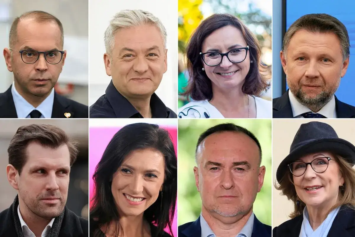 Portretowe ujęcia ośmiu europosłów z Polski.