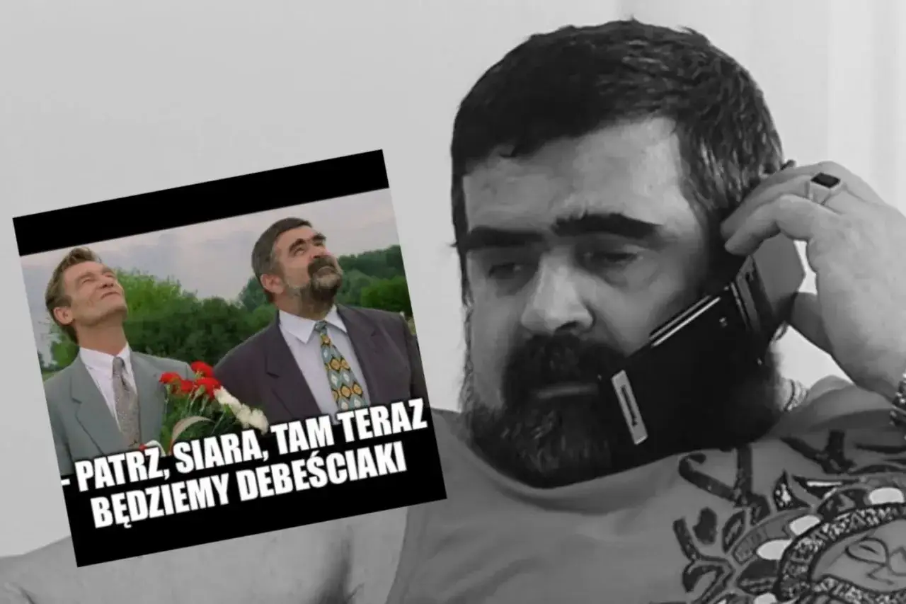 Gangster z filmu Kiler, Siara, rozmawia przez telefon, podczas gdy na ekranie widać scenę z filmu z nim i innym mężczyzną patrzącym w niebo.
