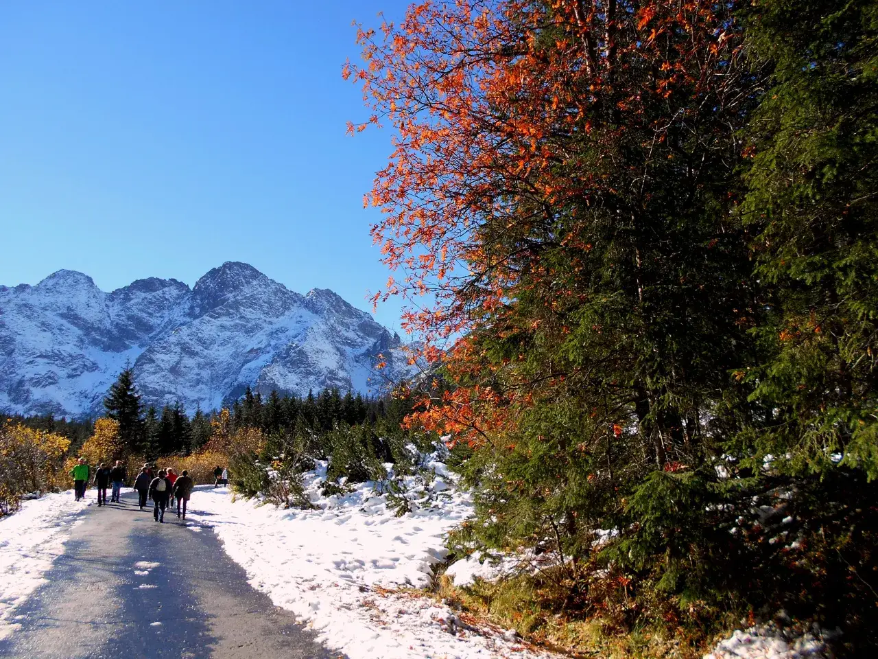Piękna panorama z Morskiego Oka. Grupa turystów idzie ścieżką wśród śniegu i jesiennych drzew, w tle majestatyczne, ośnieżone szczyty Tatr.