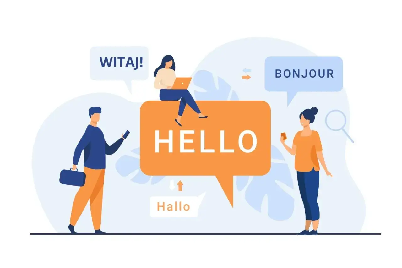 Ludzie komunikują się w różnych językach, ilustrując tłumaczenie konsekutywne a symultaniczne.