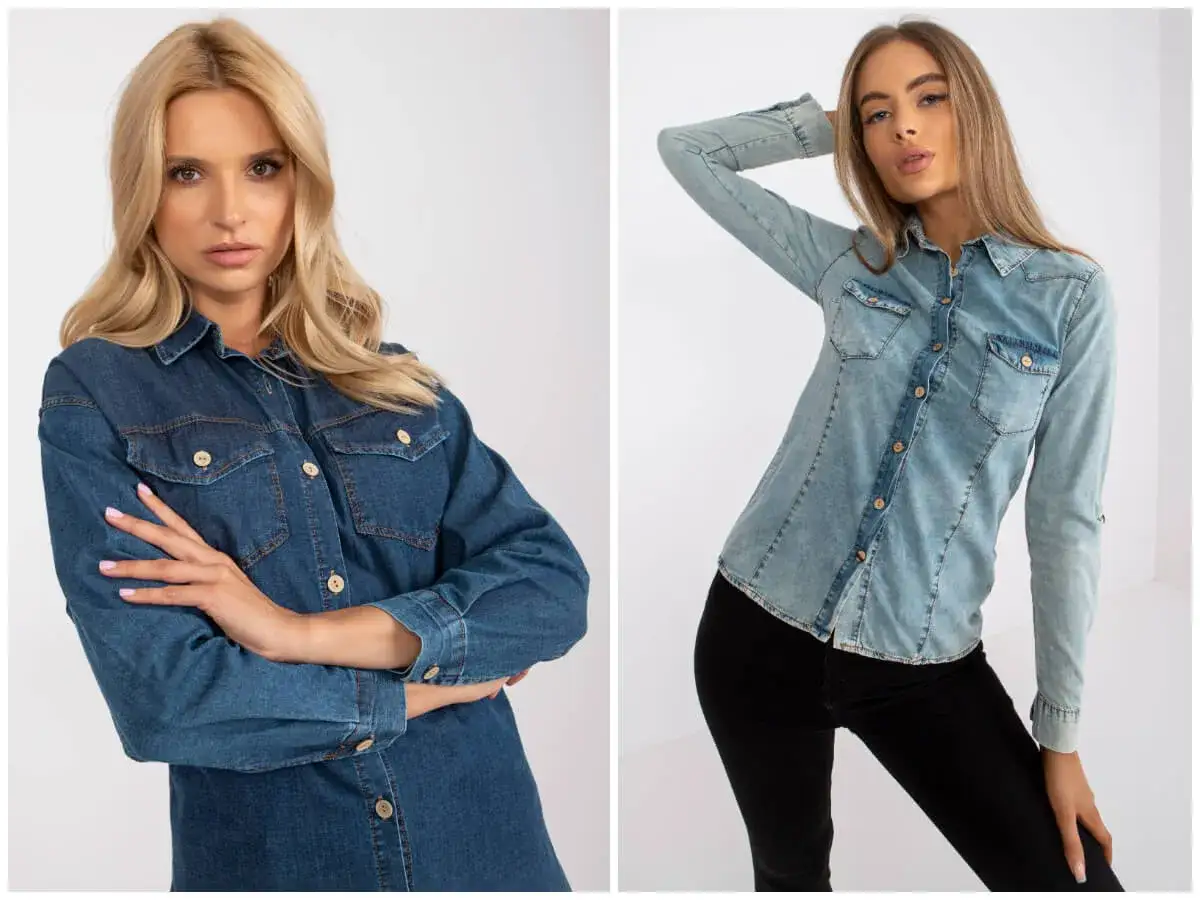 Dwie kobiety prezentują koszulę jeansową. Stylizacje podkreślają uniwersalność jeansowej koszuli.