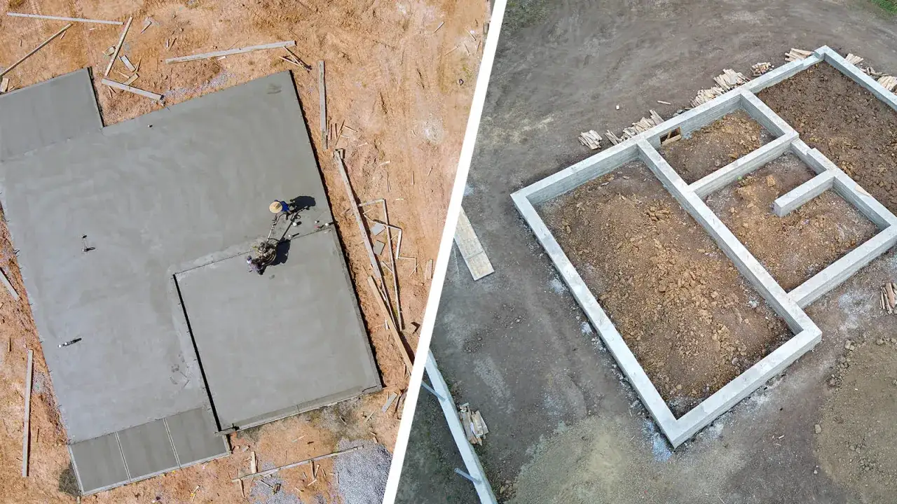 Dwa etapy budowy: wylewana płyta fundamentowa i wzniesiony fundament z betonu.