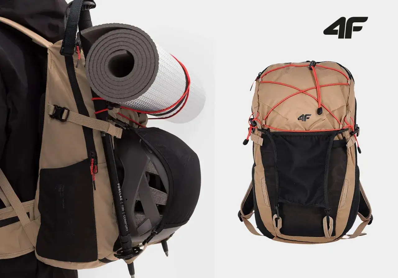 Plecak 4F z karimatą i kaskiem, idealny na wycieczkę. Zastanawiasz się, co zabrać w g&oacute;ry? Ten zestaw to świetny początek!