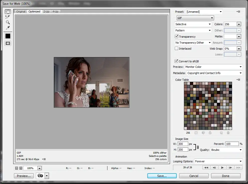 Photoshop save for web gif settings