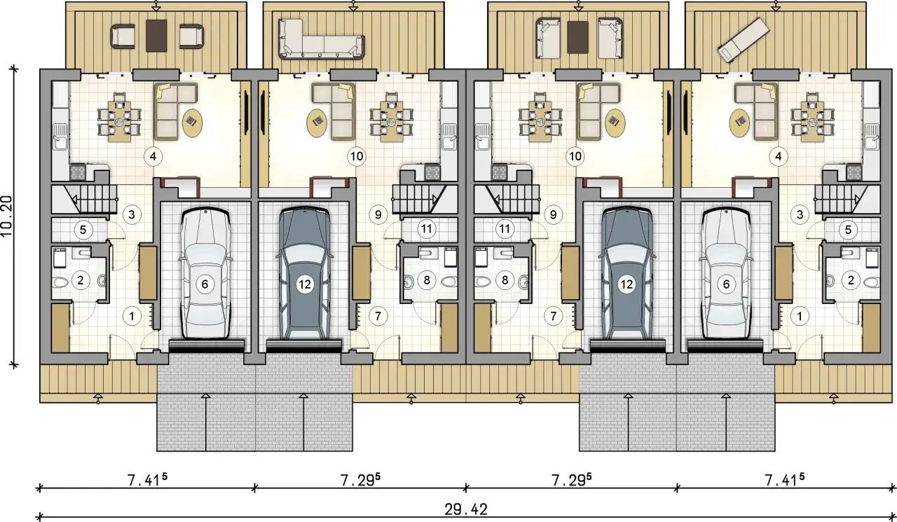 Rzut parteru domu jednorodzinnego dwulokalowego. Problemy z parkowaniem? Dwa garaże (6, 12) i miejsca postojowe. Salon (4), kuchnia, łazienki (2, 8).