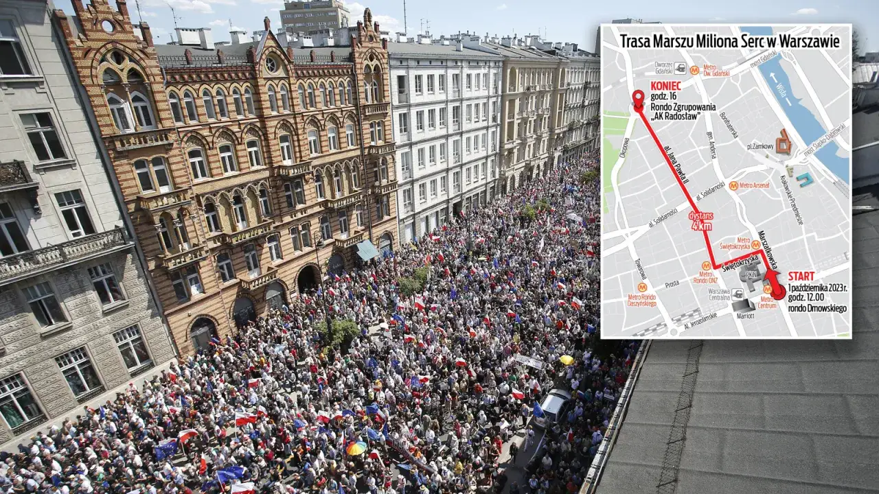 Tłum ludzi z polskimi flagami na trasie Marszu Miliona Serc w Warszawie. Mapa pokazuje przebieg marszu.