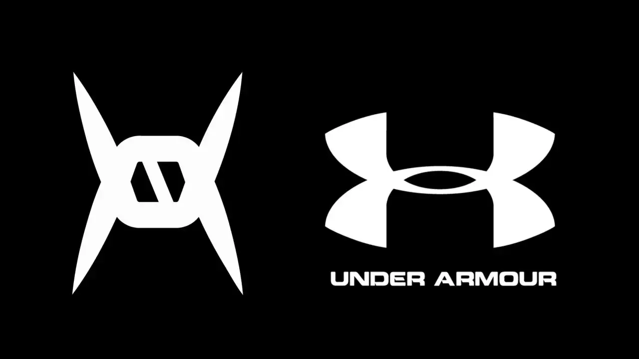 Białe logo Under Armour obok innego symbolu. Under Armour co to znaczy? To marka odzieży sportowej.