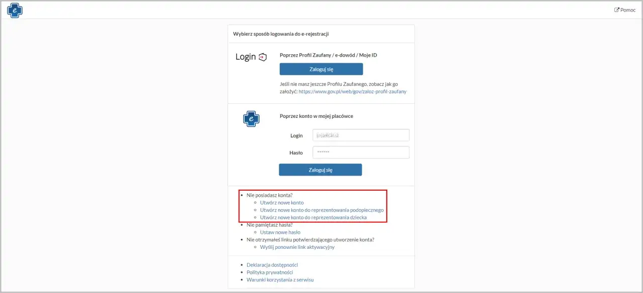 Ekran logowania do Profilu Zaufanego, widok na portal Emp@tia