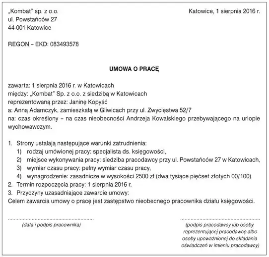 umowa o pracę małżonka wzór