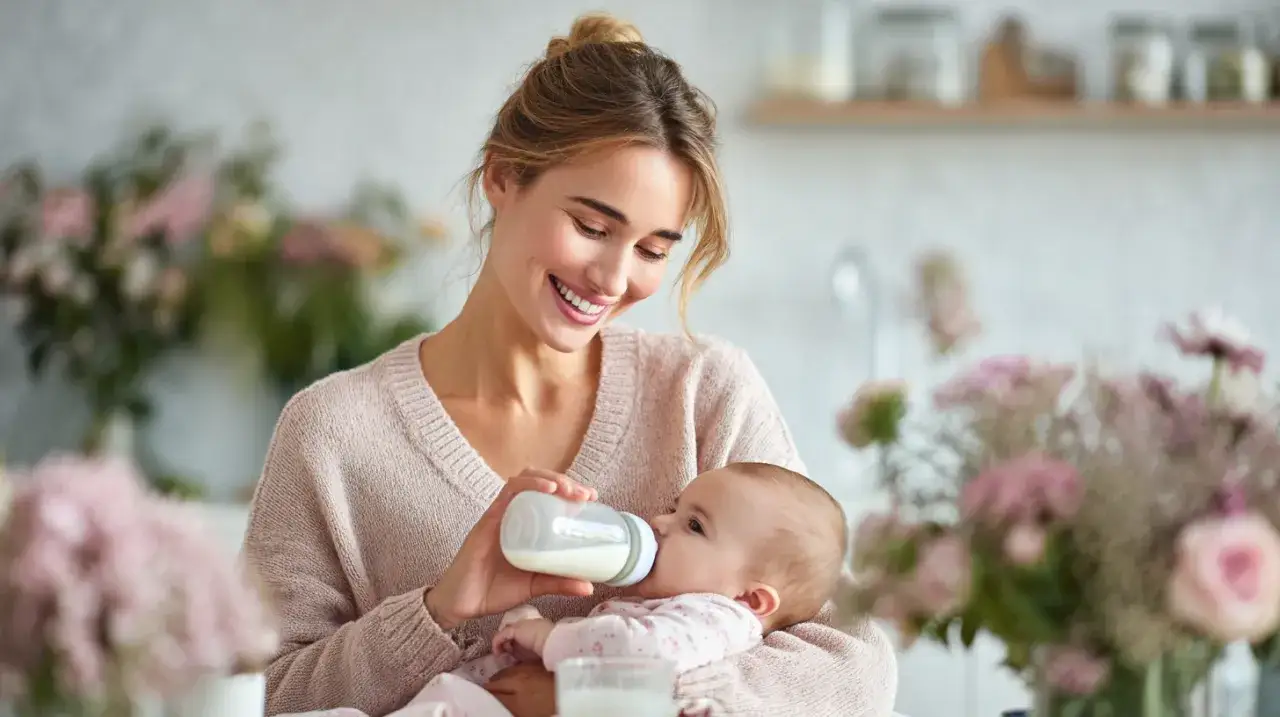 Uśmiechnięta mama karmi butelką swoje 3-miesięczne dziecko.