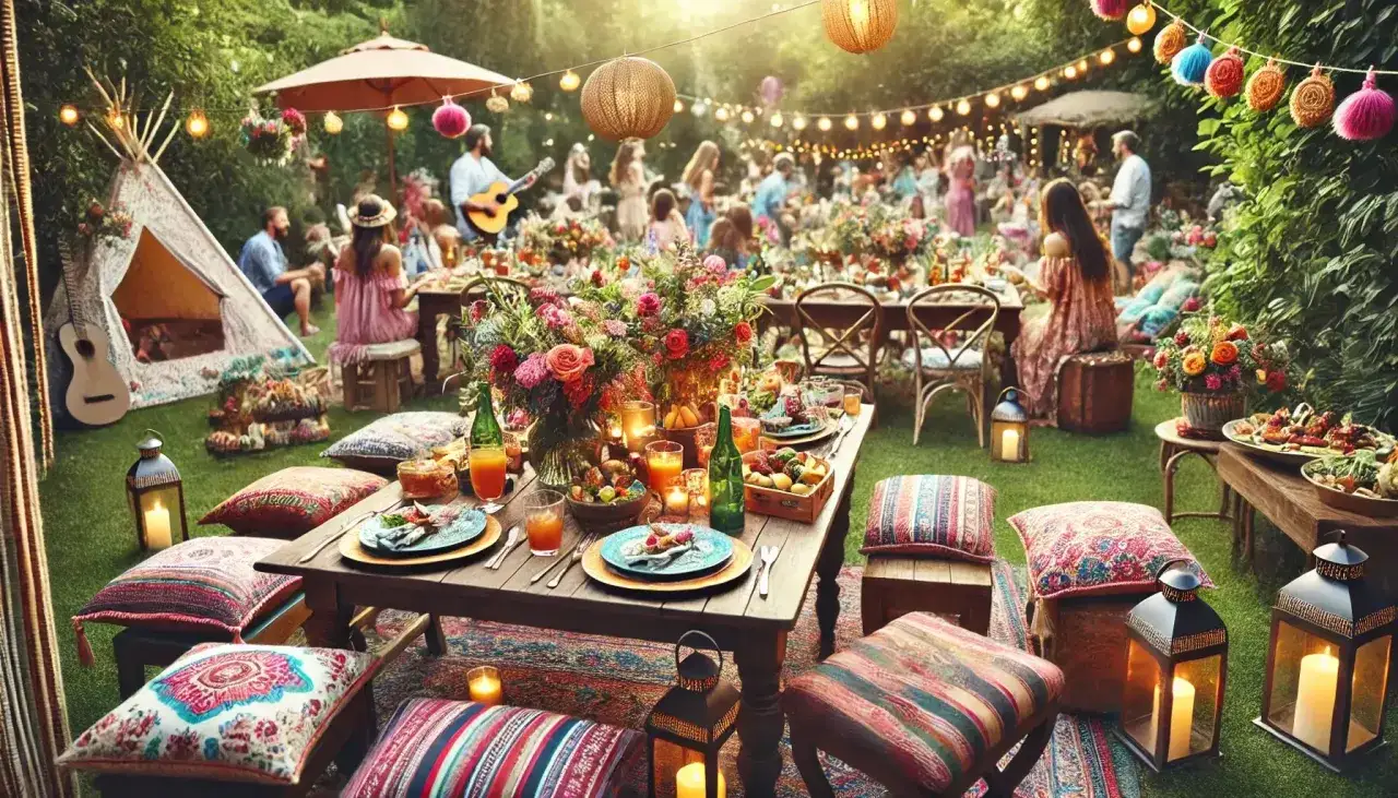 Przyjęcie w ogrodzie w stylu boho. Kolorowe poduszki, namiot tipi, muzyka na żywo i stoły pełne jedzenia tworzą magiczną atmosferę.
