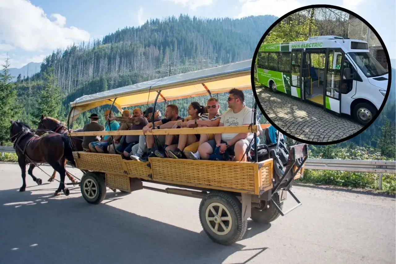 Koniki ciągnące wóz z turystami w górach, obok elektryczny autobus. Jakby oko cyklonu, kontrast tradycji i nowoczesności.