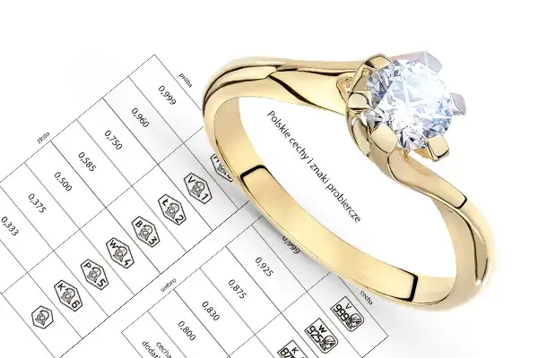 złota biżuteria z oznaczeniem pr&oacute;by i diamenty