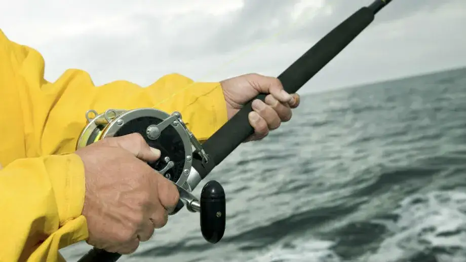 Wędkarz na kutrze z dorszem w ręku, z widocznym wymiarem ochronnym