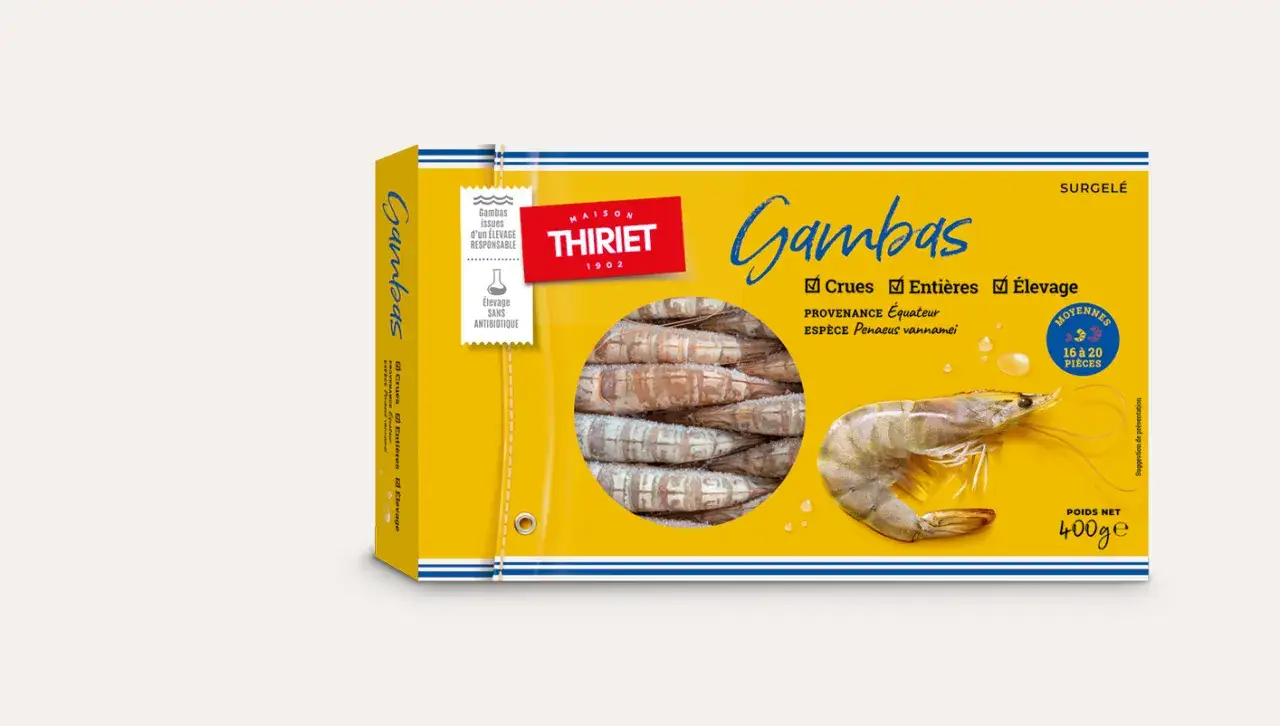 Diff&eacute;rents types de gambas fra&icirc;ches et surgel&eacute;es