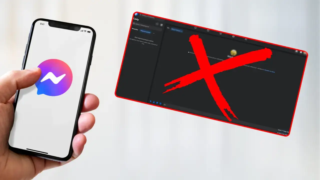 Chcesz wiedzieć, jak zaktualizować Messengera? Na ekranie telefonu widać logo aplikacji, a obok komputer z przekreśloną czerwoną literą X.