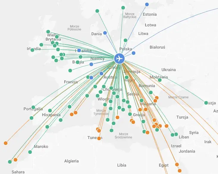 Mapa połączeń lotniczych Wrocław