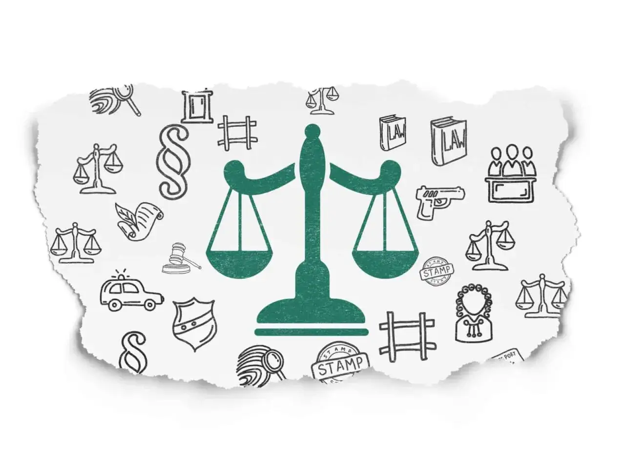 Symbole pieniędzy i znak ostrzegawczy lub waga sprawiedliwości