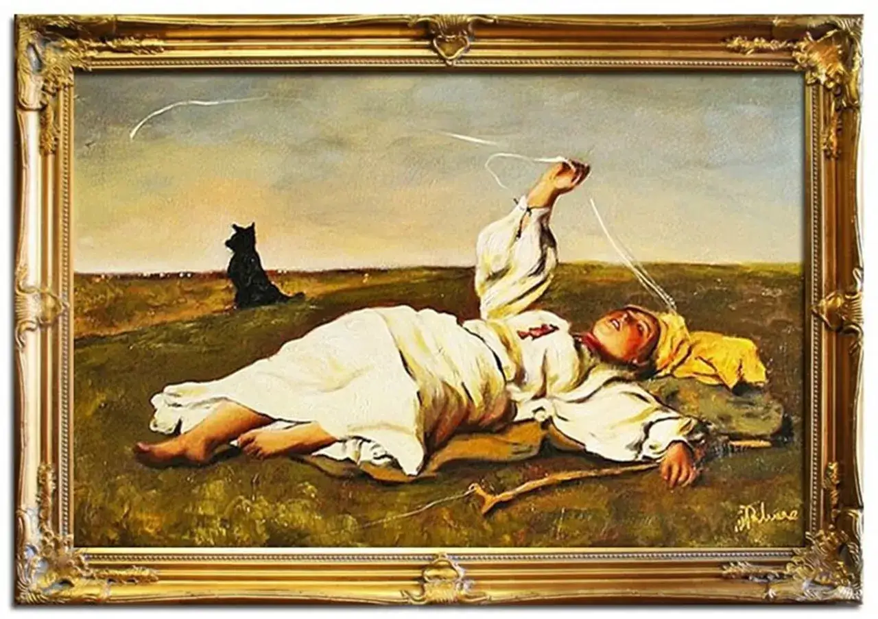 Przykładowa interpretacja obrazu: Kobieta leży na ziemi, trzymając w dłoni sznur. Obok niej siedzi czarny pies.