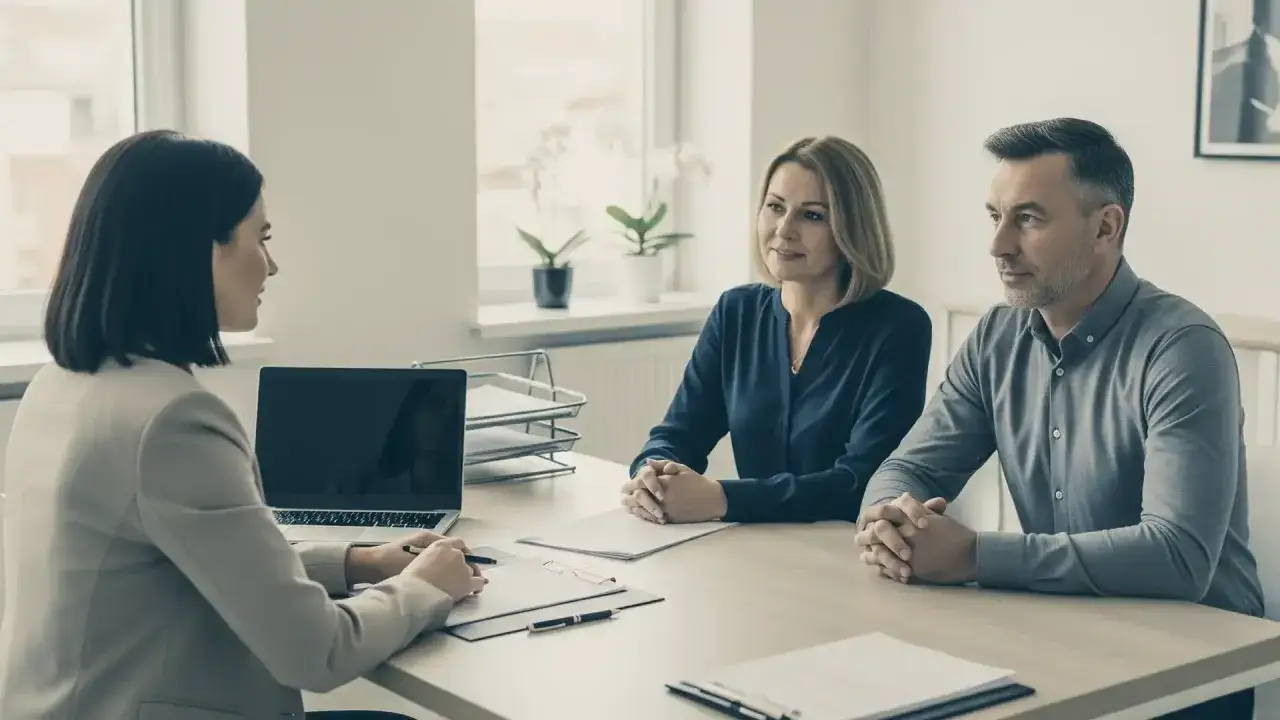 Para dowiedzieć się, ile kosztuje podpisanie rozdzielności majątkowej u notariusza, rozmawia z prawniczką przy biurku.