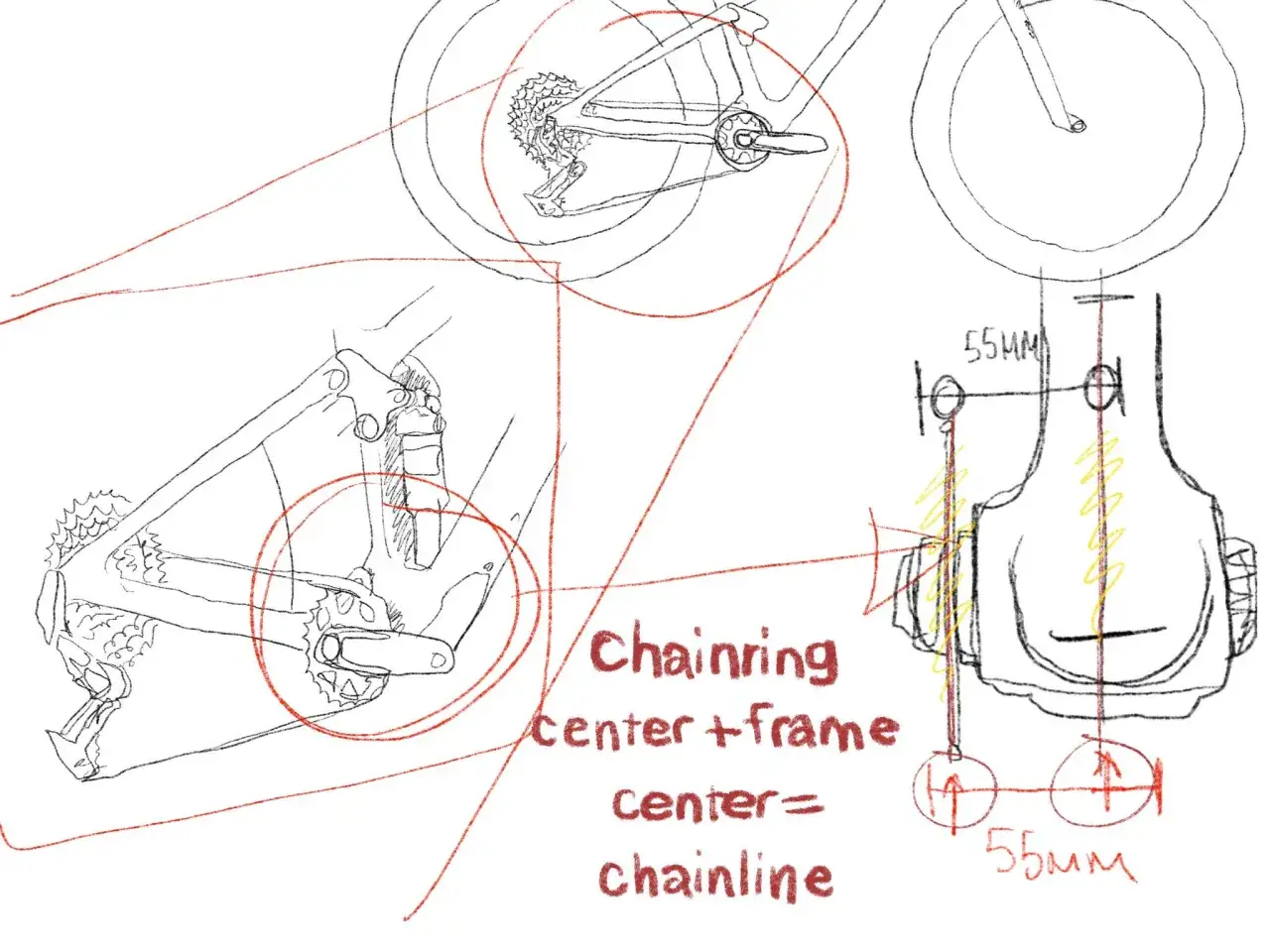 Szkic roweru z zaznaczonymi wymiarami i wzorem: 