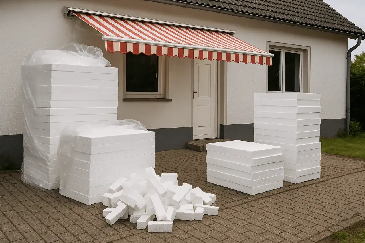 Stosy płyt styropianowych czekają na montaż. To materiał izolacyjny, który zapewni ciepło w domu.