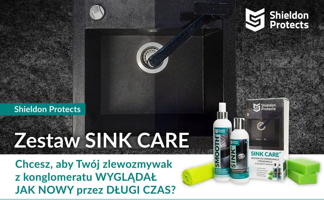 Zestaw Shieldon Protects Sink Care: nanoimpregnat do zlewu granitowego i środek do czyszczenia. Zapewnij blask na długi czas.