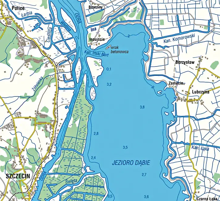 Mapa Szczecina z Odrą, Jeziorem Dąbie i Zalewem Szczecińskim