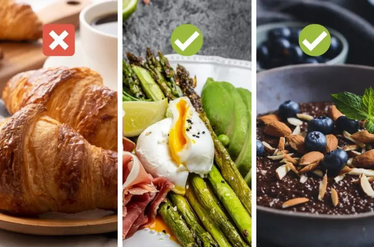 Dieta bezglutenowa przepisy: unikaj croissant&oacute;w, wybieraj jajka z szparagami i awokado, lub jaglankę z jagodami i migdałami.
