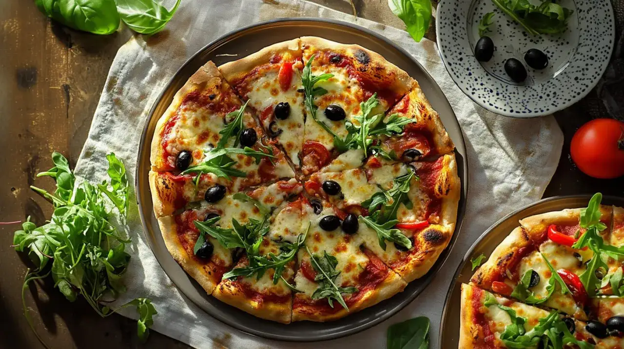 Pyszna pizza wegetariańska z rukolą i oliwkami. Zastanawiasz się, ile kalorii ma pizza wegetariańska?