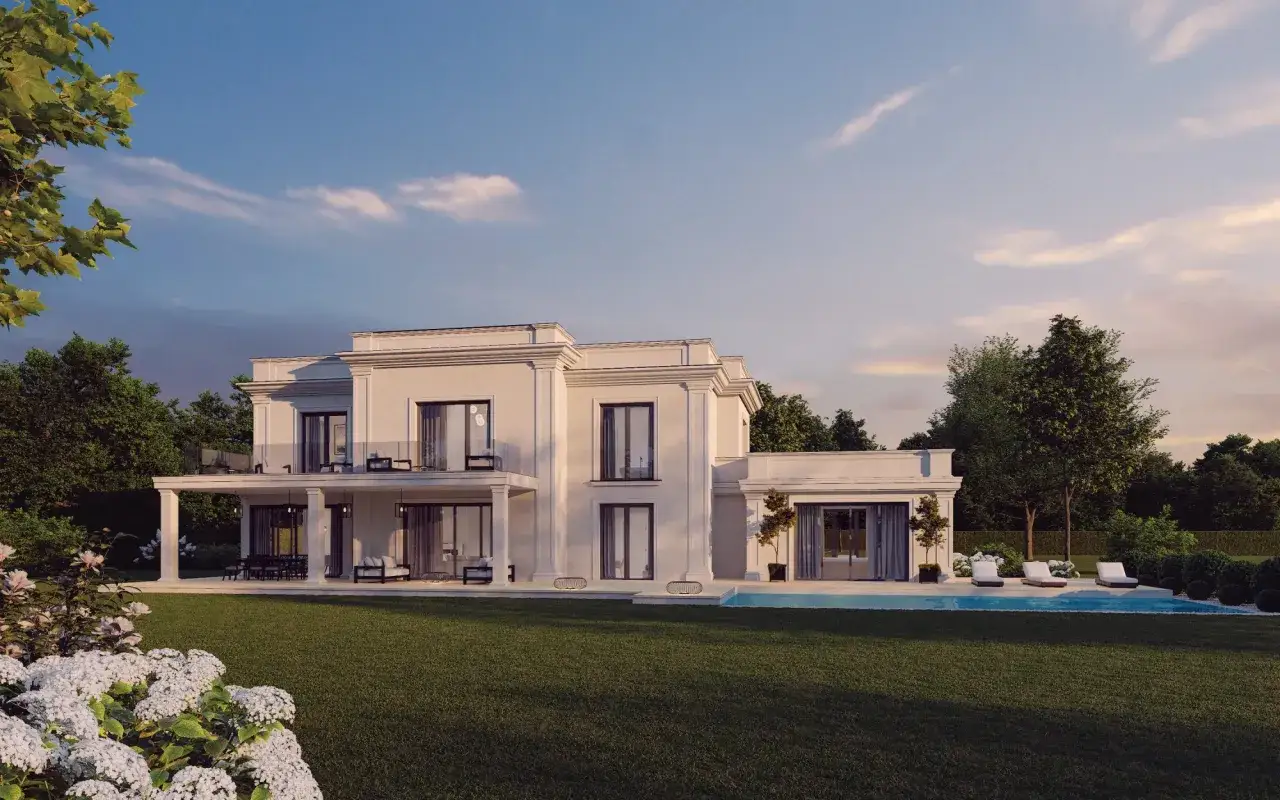 Elegancki dom w stylu klasycznym z basenem i zadbanym ogrodem.