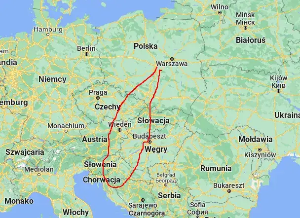 Mapa trasy Polska Czechy Austria Słowenia Chorwacja Bośnia Medjugorie