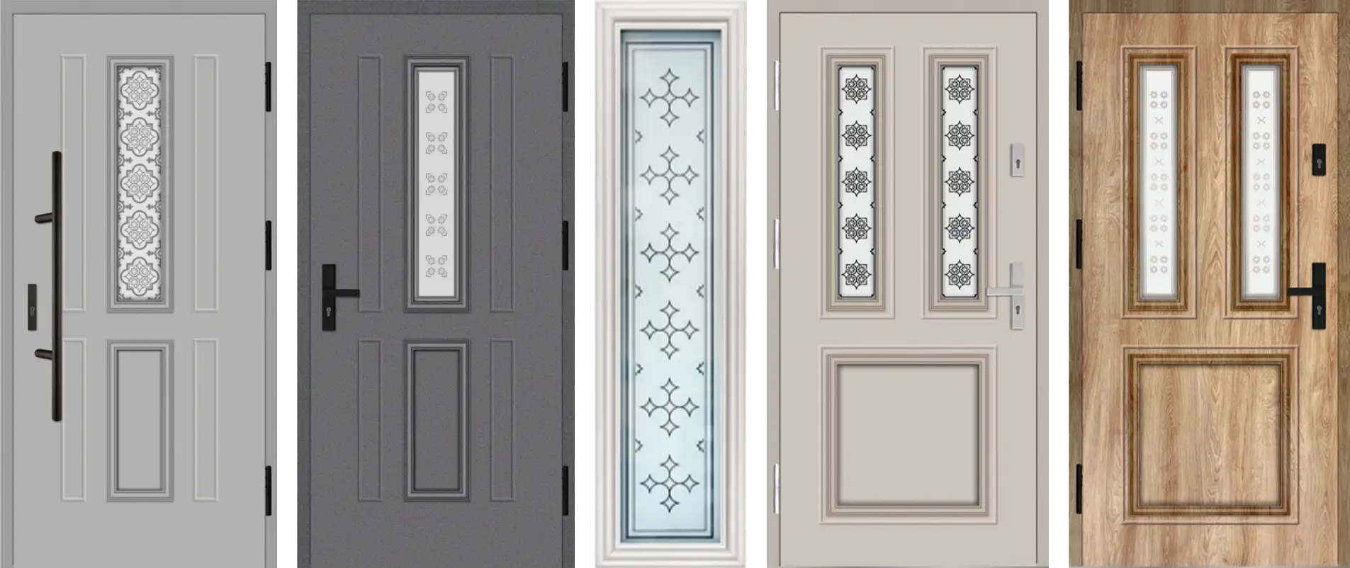 Pięć drzwi zewnętrznych z witrażem. Witraże mają różne wzory, od geometrycznych po bardziej ozdobne.