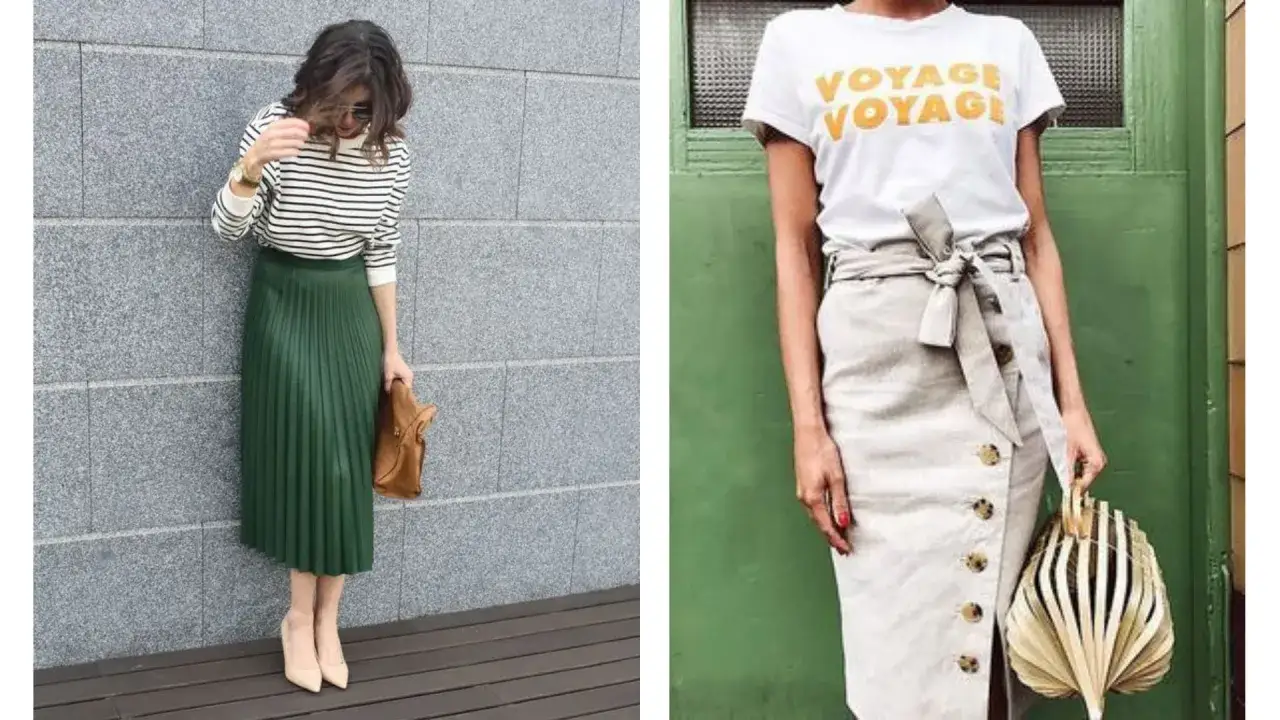 Stylizacje z zieloną spódnicą: jedna z bluzką w paski i brązową torebką, druga z białą koszulką i lnianą spódnicą.