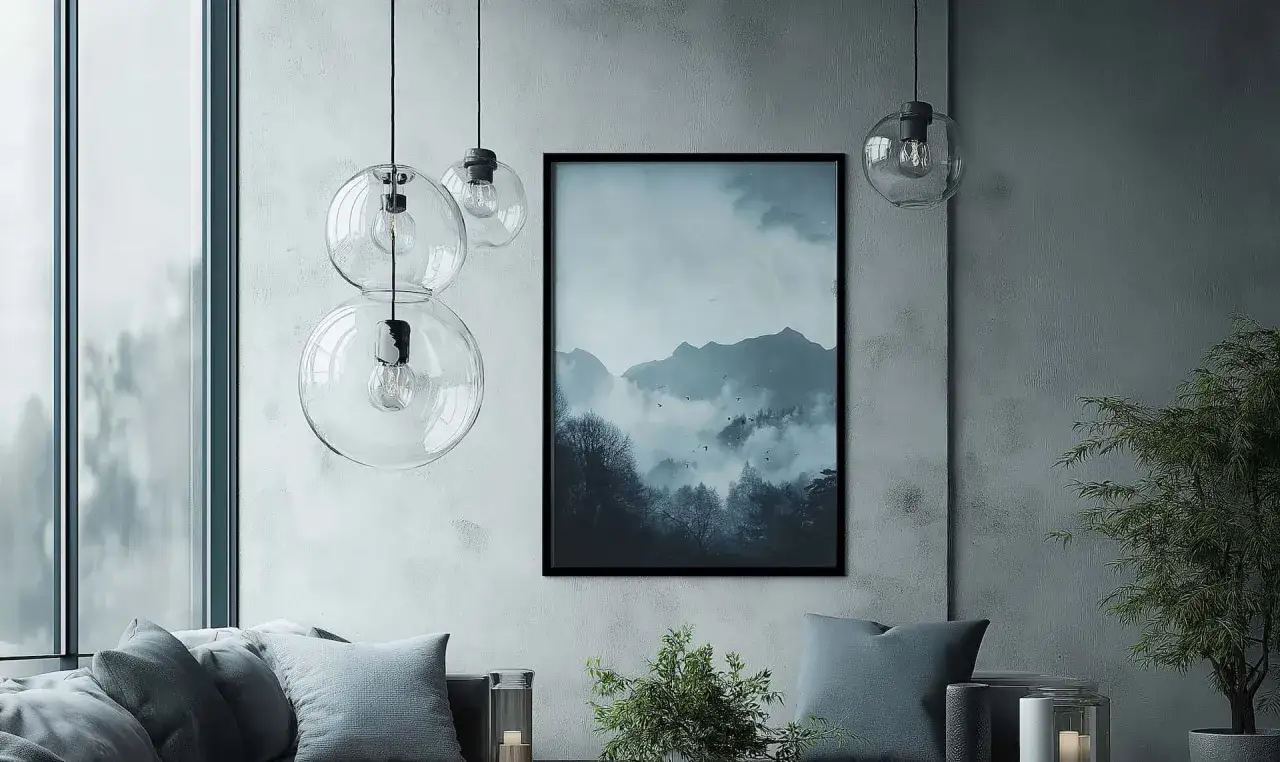 Nowoczesny salon z obrazem g&oacute;r w mgle. Dowiedz się, jak powiesić plakat bez niszczenia ścian, by stworzyć podobny klimat.