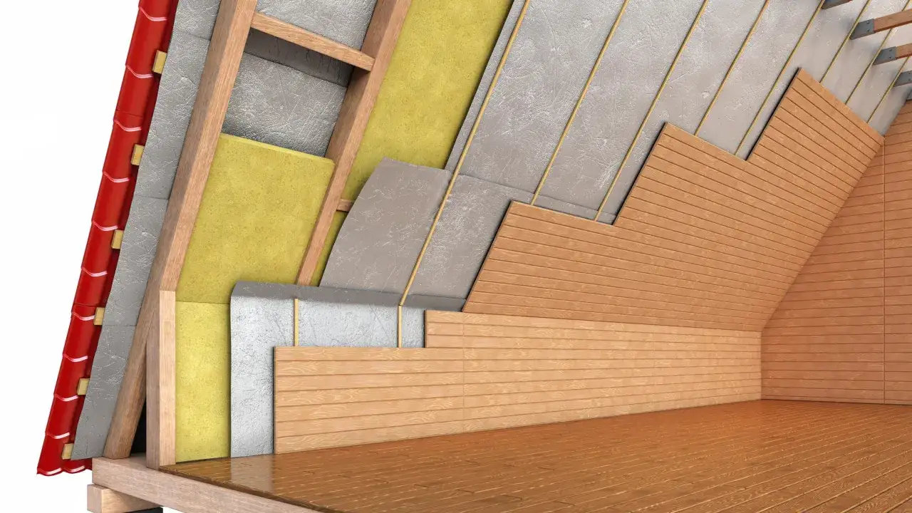 Przekrój dachu pokazujący warstwy izolacji i drewnianą boazerię, idealny do zrozumienia, jak ocieplić strych.